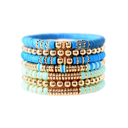GOOJIDS Surfer Heishi Clay Bead Bracelets for Women Bohemian Stackable Gold Plated Beaded Stretch Bracelets Elastic Layering Friendship Bracelets Set Boho Jewelry