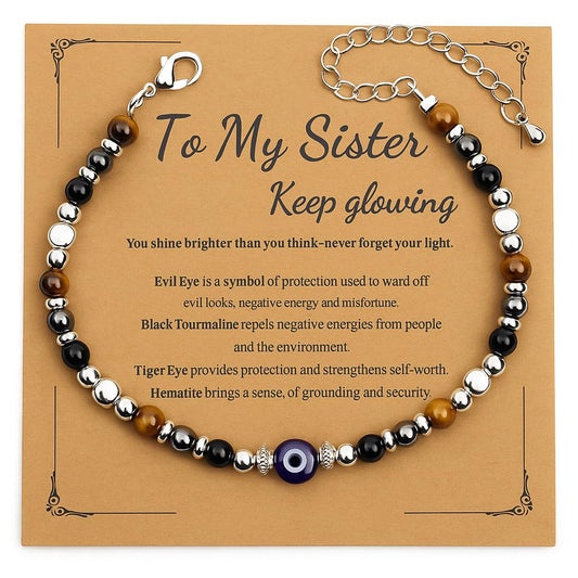 MTJAHPS Protection Bracelet, empath protection, black obsidian Crystals and Healing Stones Bracelet for Women ，Luck ，Anxiety and Stress Clam Bracelet (Sister-Evil Eye Triple Threat Protection)