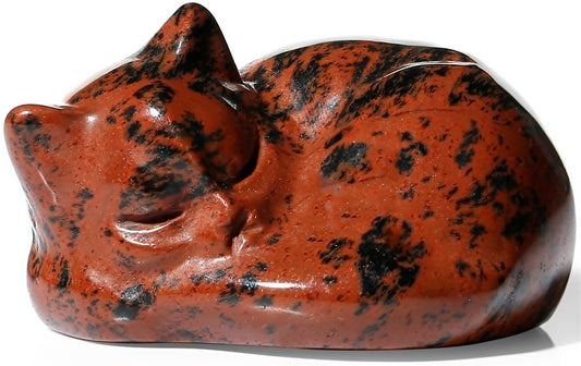 YATOJUZI 2" Cat Decors Statue Red Obsidian Crystals Sleeping Cats Gemstone Hand-Carved Cute Animal Statues Figurine Stones Room Home Office Desk Decor Lucky Reiki Kitten Ornaments Gifts for Women Men