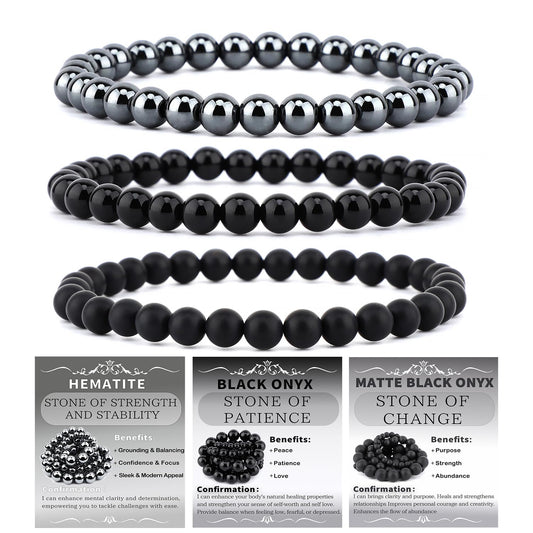 NCB 3-Piece 6mm Natural Crystal Gemstone Stretch Bracelets – ﻿Black Onyx, Hematite, Matte Black Agate Handmade Reiki Energy Healing Jewelry for Meditation,Yoga, Unisex