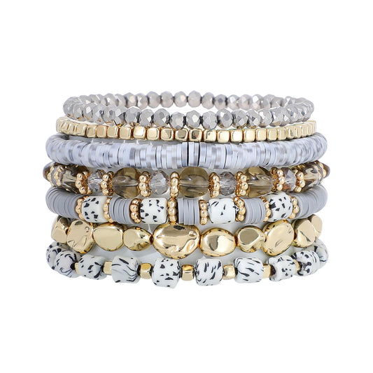 GOOJIDS Surfer Heishi Clay Spotted Bead Bracelets for Women Stackable Gold Plated Beaded Stretch Bracelets Elastic Layering Friendship Bracelets Set Boho Jewelry