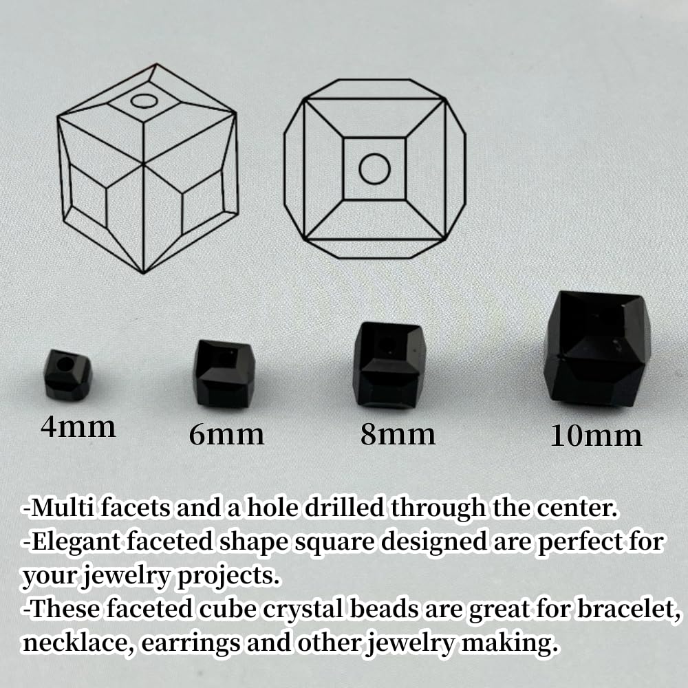 YUEXIGO 100pcs 8mm Cube Crystal Glass Beads for Jewelry Making Faceted Square Crystal Glass Bead Spacer Beads Loose Beads for Bracelet Earring Necklace DIY Craft(Black)