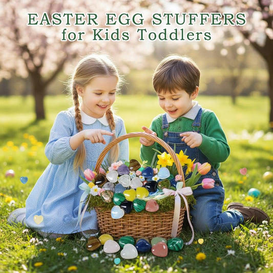 24 Packs Easter Egg Stuffers Crystals and Healing Stones with Heart Cards Classroom School Party Favors,Easter Gifts for Kids Healing Crystals Rock Gift Exchange Bulk Easter Basket Stuffers for Teen