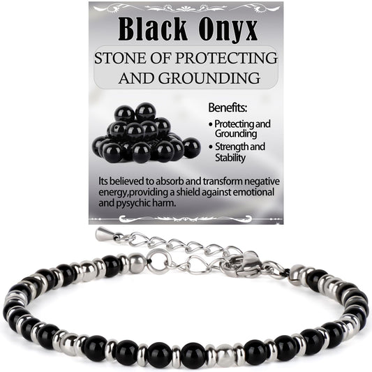 4mm Black Onyx Tiny Beaded Bracelets For Women, Energy Gem Charm Jewelry Adjustable Bracelet Gifts for Mom, Daughter, Wife, Coworkers, Friends, Bestie