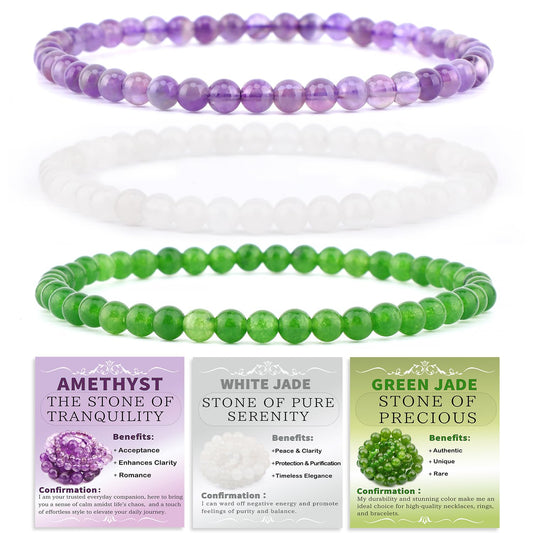 NCB 3-Piece 4mm Natural Crystal Gemstone Stretch Bracelets – ﻿Amethyst, Green Jade, White Jade Handmade Reiki Energy Healing Jewelry for Meditation,Yoga, Unisex
