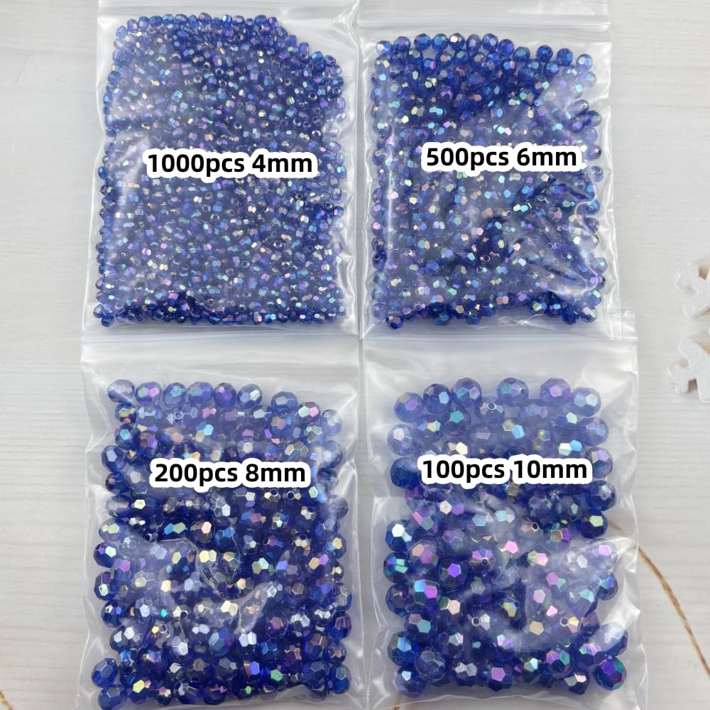 Pinhoollgo 1800pcs Acrylic Faceted Round Beads 4mm 6mm 8mm 10mm AB Colors Glossy Acrylic Round Spacer Beads with Hole for DIY Bracelet Necklace Jewelry Making Supplies Handmade Craft(Royal Blue AB)