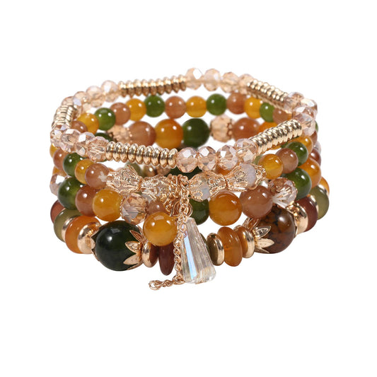 LOTSOF Bohemian Green Jade Stackable Bracelet Set - 4-Layer Stretch Beaded Bracelets with Gold Accents, Boho Jewelry for Women, Fashion Statement Accessory (Gift Ready) (Brown Style)