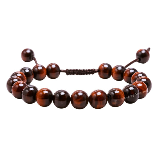 Amazing Gemstone Red Tiger Eye Bracelet, Gifts For Men & Women - Protection Healing Crystal Bracelet - 8mm Gemstone Beaded Adjustable Bracelet, Pulseras Para Hombres Mujer Stocking Stuffers
