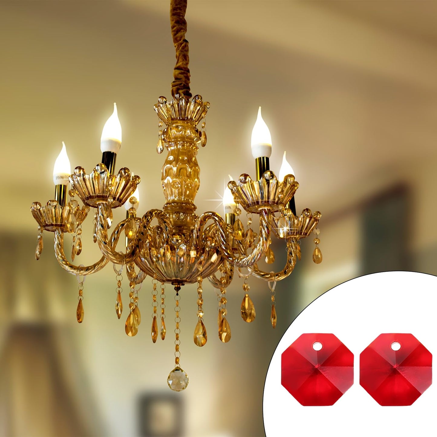 uxcell 50Pcs 1 Hole Crystal Octagon Beads, 14mm K9 Glass Hanging Chandelier Beads Prisms Parts for Crystal Chandeliers Lamp Hanging Pendant Jewelry DIY Craft, Red