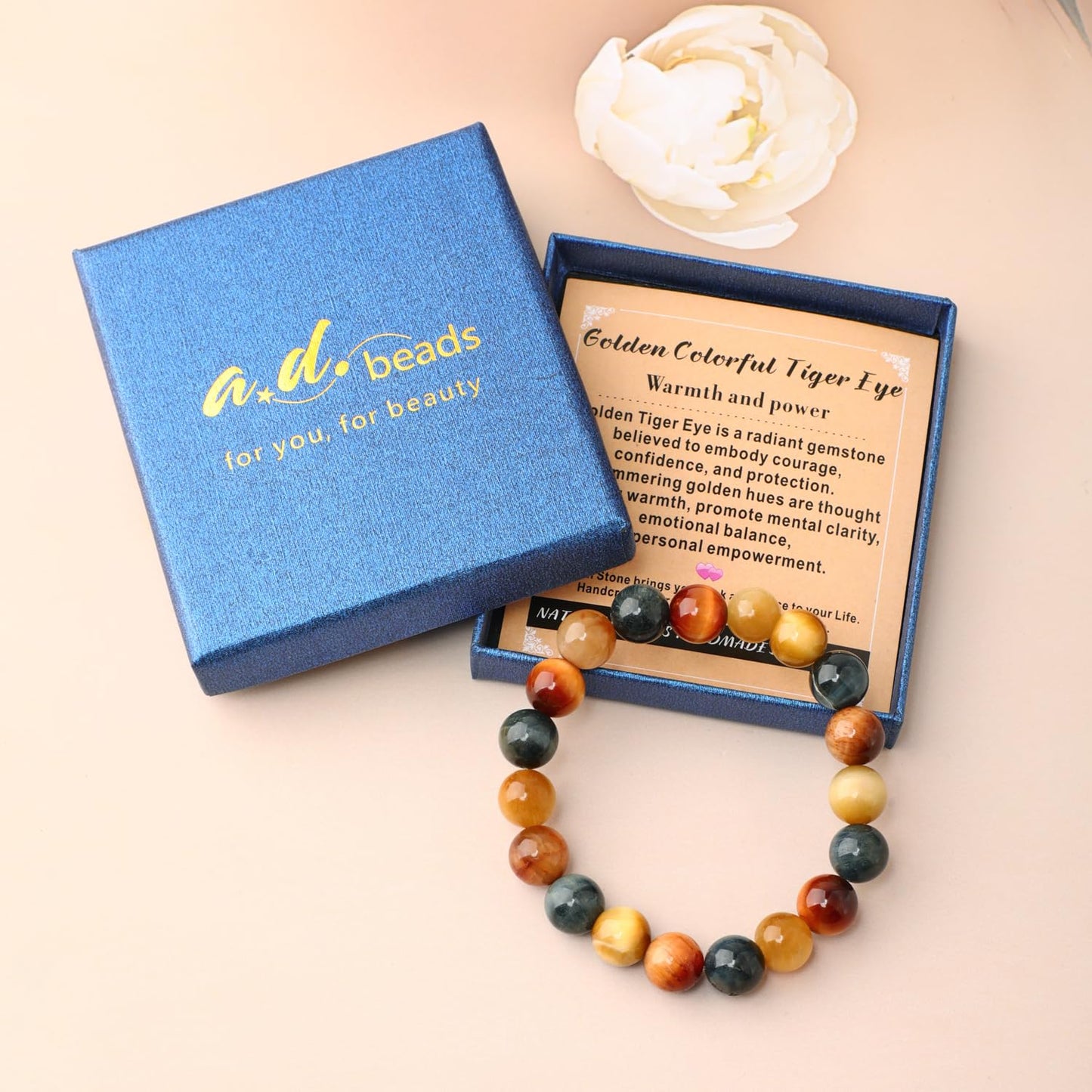 AD Beads 10mm Handmade Golden Colorful Tiger Eye Elastic Bracelet – Natural Gemstone for Warmth and power – Meditation, Yoga, Healing and Energy Gift for Men Women