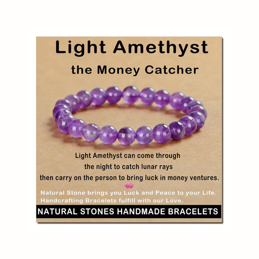 AD Beads Handmade Gemstone Stretch Elastic Bracelet Crystal Healing Reiki Nature's Beauty and Spiritual Essence Unisex (8mm, Purple Amethyst)