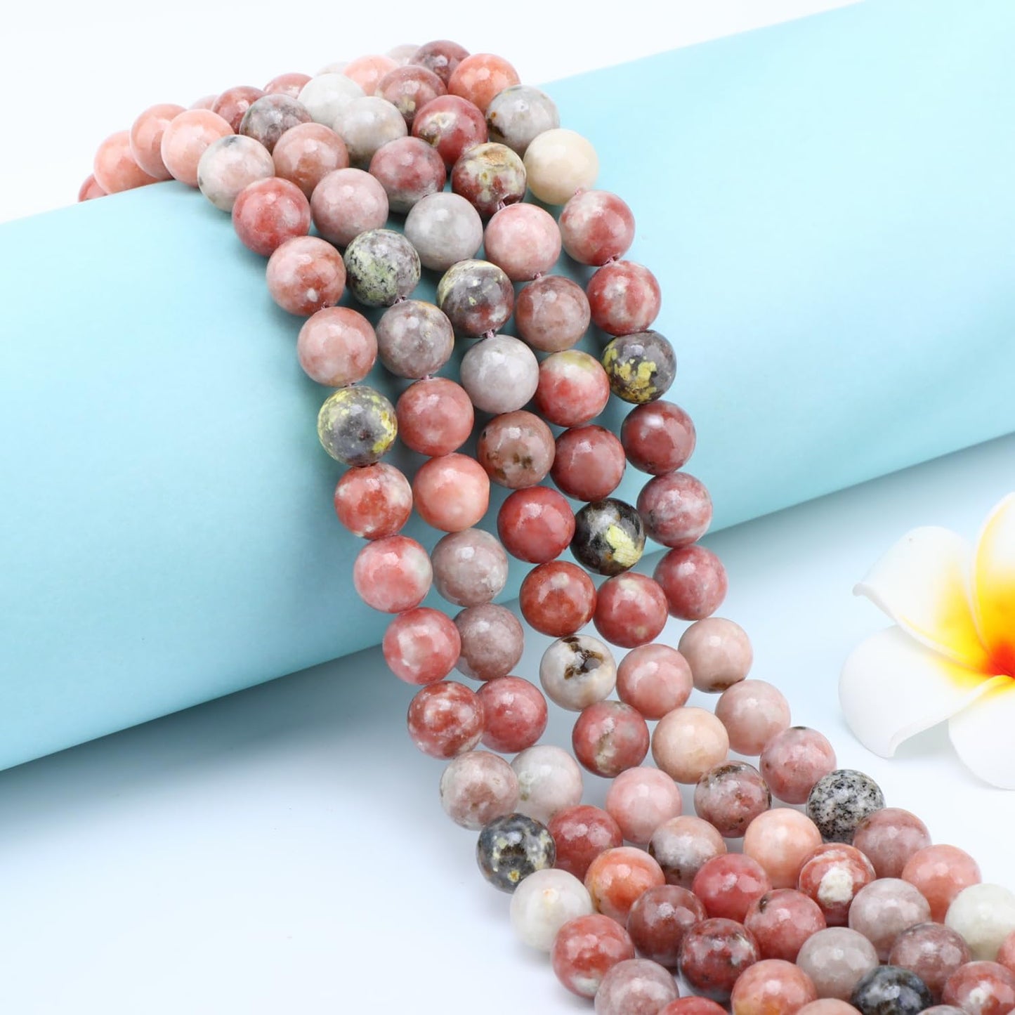 CMBYN Natural Stone Beads Round Genuine Real Stone Beading Strand Loose Gemstones DIY Smooth Bead for Bracelet Necklace Earrings Jewelry Making (Red Plum Blossom Stone, 10mm 36 Pieces)