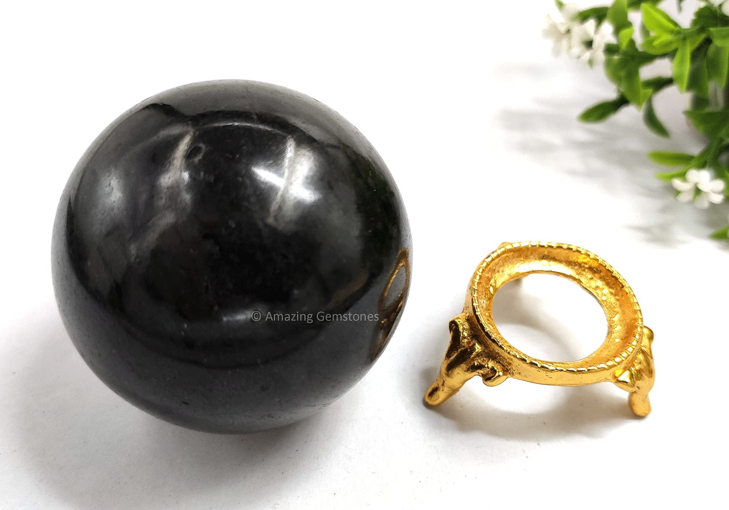 Amazing Gemstone Black Tourmaline Crystal Sphere Round Ball with Sphere Holder Stand, Natural Healing Stone Sphere for Massage Meditation Crystal Grid Witchcraft Supplies Reiki Yoga