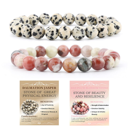 NCB 2-Piece 8mm Natural Crystal Gemstone Stretch Bracelets – ﻿Dalmation Jasper, Red Plum Blossom Stone Handmade Reiki Energy Healing Jewelry for Meditation,Yoga, Unisex