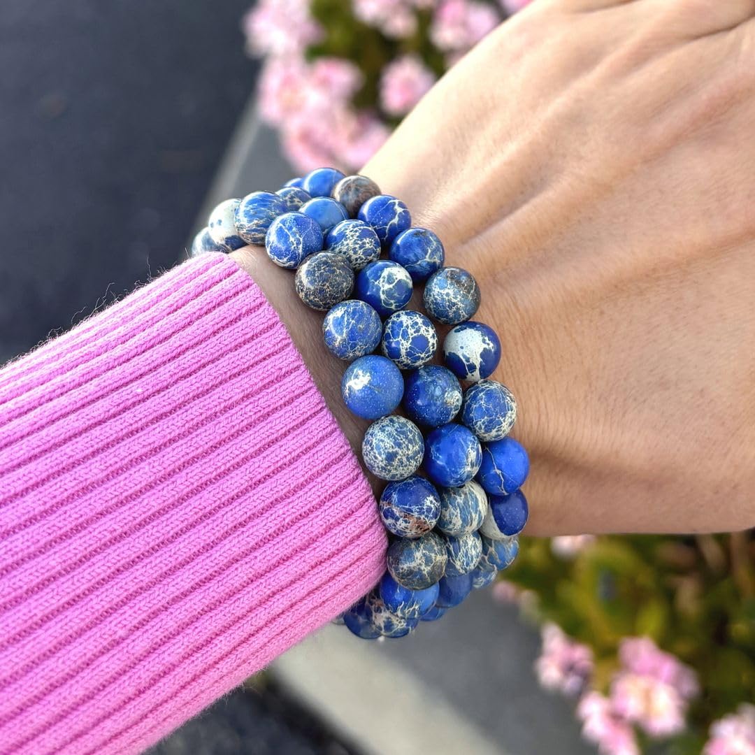 Adabele Real Natural Blue Impression Aqua Terra Sea Sediment Jasper Gemstone Beaded Bracelet 8 inch Stretch Chakra Healing Crystal Stone Jewelry Women Mom Gift GB8-C3