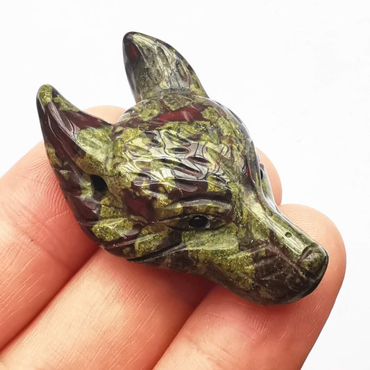 Bacatgem Natural Dragon Blood Jasper 1.57 inchs Wolf Head Pocket Crystals and Healing Stone Figurine,Haped DIY-Jewelry Pendant