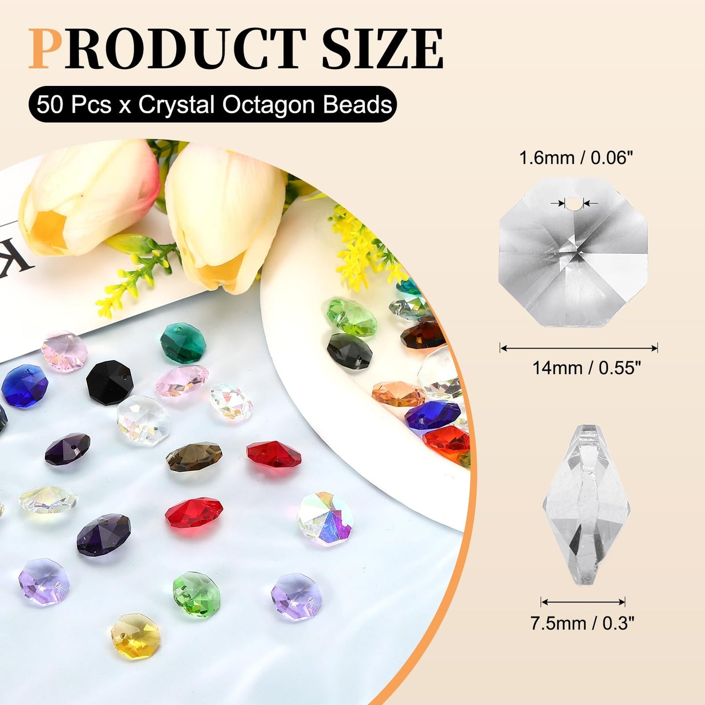 uxcell 50Pcs 1 Hole Crystal Octagon Beads, 14mm K9 Glass Hanging Chandelier Beads Prisms Parts for Crystal Chandeliers Lamp Hanging Pendant Jewelry DIY Craft, Clear White