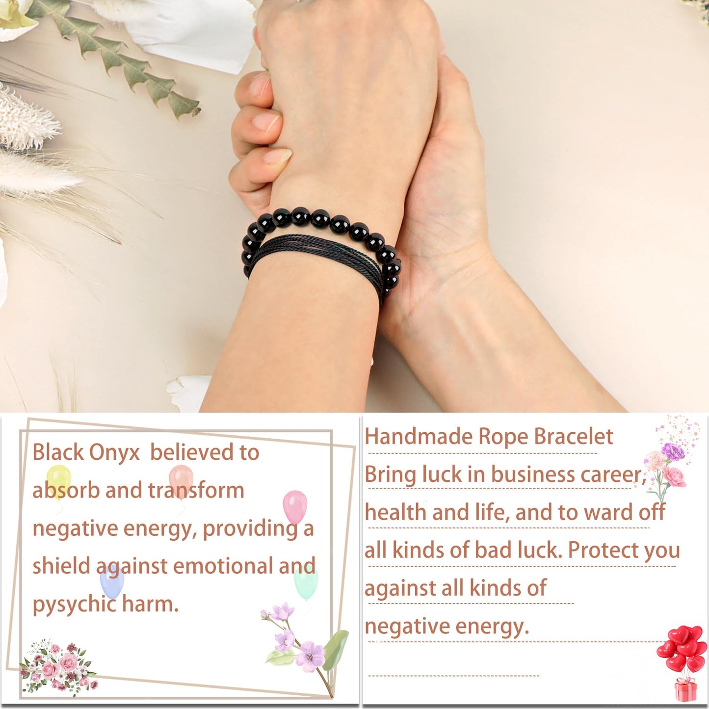 LPBeads 8mm Black Onyx Bracelet with Handmade Rope Bracelet Size Adjustable Natural Stone Crystal Healing Bracelets Gifts for Unisex Adults