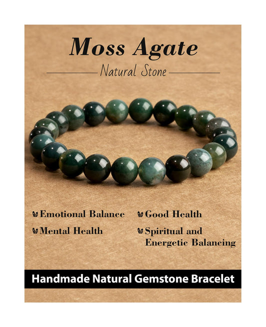 Landorilo Beaded Bracelet for Men Women, 8mm Natural Stone Moss Agate Healing Crystal Stretch Bracelets, Ideal Christmas Birthday Jewelry Gifts with Energy Card，Replacement Beads Included
