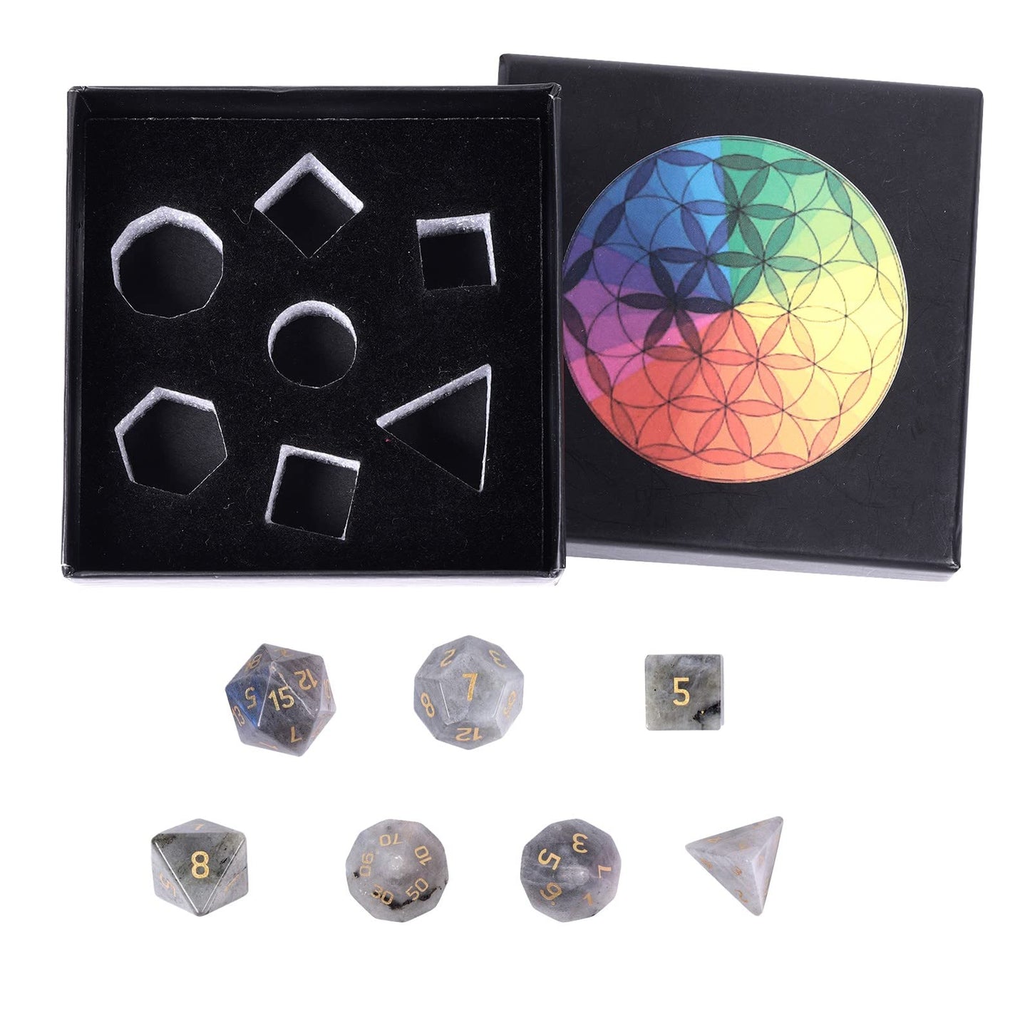mookaitedecor 7 PCS Labradorite Crystal Polyhedral DND Dice Set, Polished Tumbled Stones Dices for RPG MTG Table Games Home Decoration