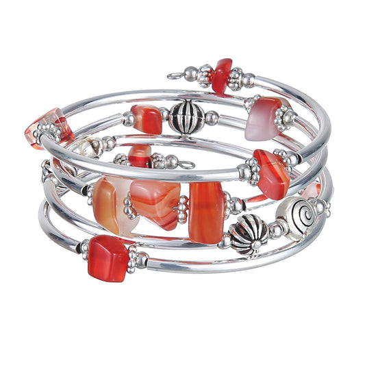 FULU AUTUMN Stone Silver Bangle Wrap Bracelet Boho Turquoise Crystal Chips Bead Bracelets Fashion Jewelry Birthday Gifts for Women(19-Red)