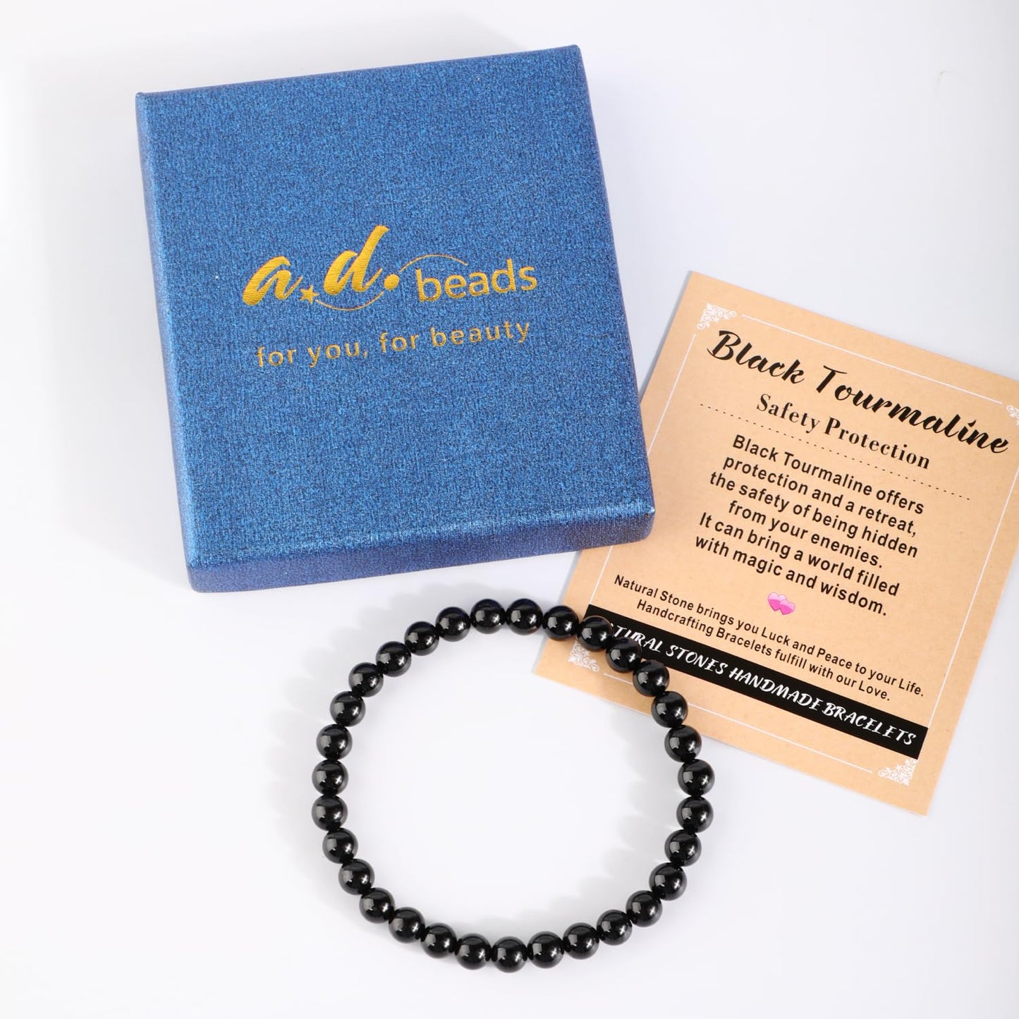 AD Beads 10mm Handmade Black Tourmaline Elastic Bracelet – Natural Gemstone for Safety Protection – Meditation, Yoga, Healing and Energy Gift for Men Women