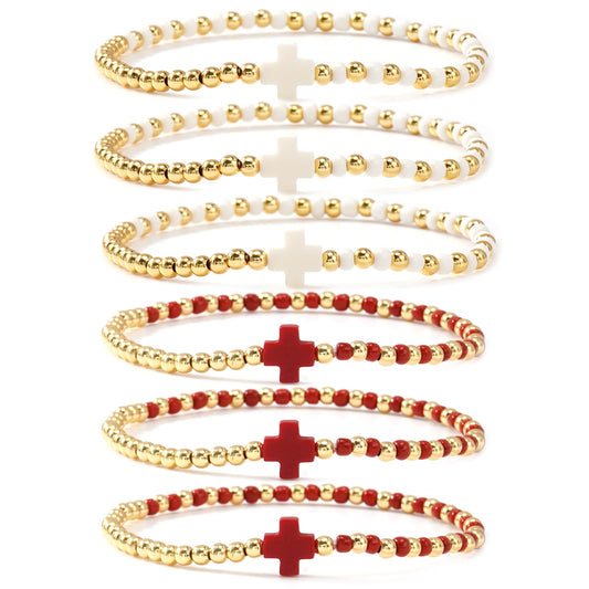 Bohxantium Gold Beaded Bracelets for Women Stackable Boho Gold Plated Red White Seed Beads Ball Cross Bracelets Stack Elastic Stretch Trendy Jewelry Accessories Non Tarnish Friendship Christian Gift