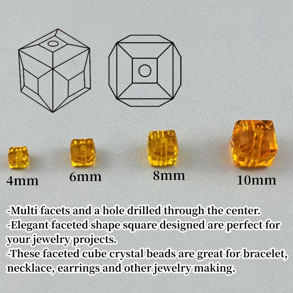 YUEXIGO 200pcs 4mm Cube Crystal Glass Beads for Jewelry Making Faceted Square Crystal Glass Bead Spacer Beads Loose Beads for Bracelet Earring Necklace DIY Craft(Orange)