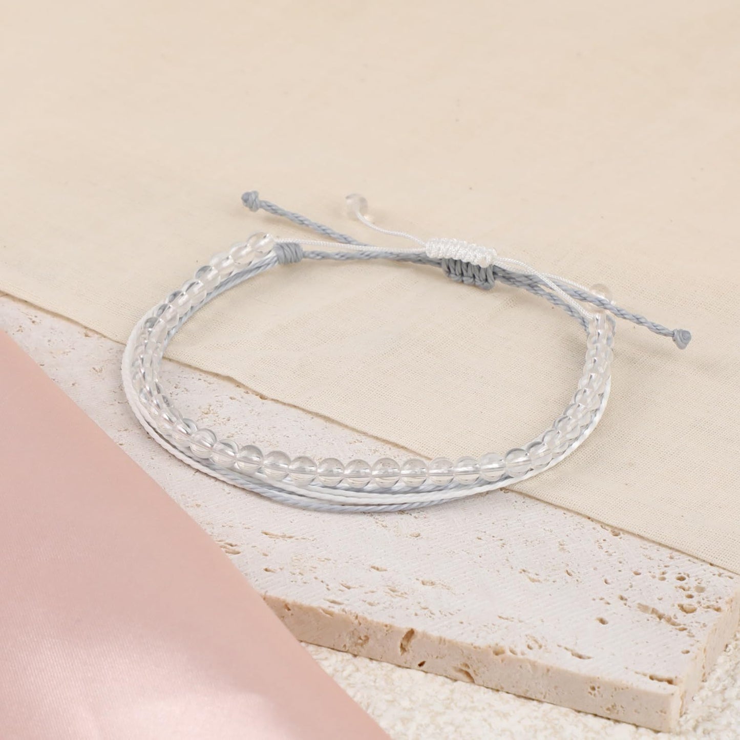 LPBeads 4mm Clear Quartz Bracelet with Handmade Rope Bracelet Size Adjustable Natural Stone Crystal Healing Bracelets Gifts for Unisex Adults