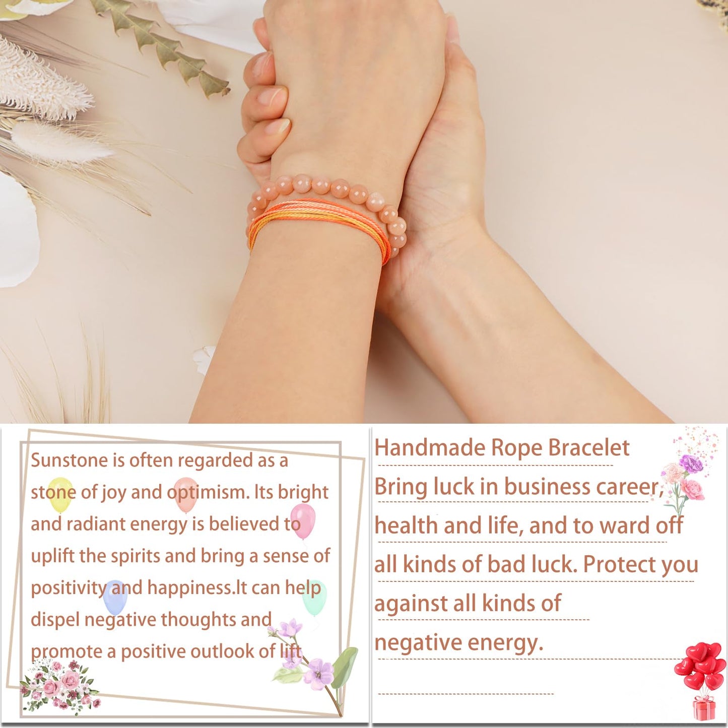 LPBeads 8mm SunStone Bracelet with Handmade Rope Bracelet Size Adjustable Natural Stone Crystal Healing Bracelets Gifts for Unisex Adults