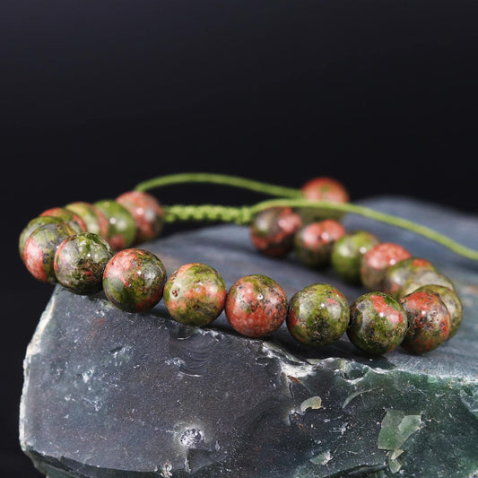 DAZCOLO Handmade Gem Bracelet Adjustable Macrame Gemstone 8mm Round Beads Crystals Quartz Unisex (Epidote)