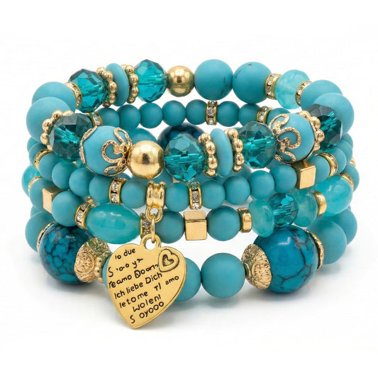 Ysenchan Bohemian Bracelet Set for Women, 4 Pcs Beaded Stackable Bracelets with Heart Charm, Stretch Bracelets, Boho Jewelry Gift – [LakeBlue]