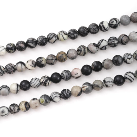 6mm 60pcs DIY Natural Black Network Zebra Stone Beads Round Healing Crystal Gemstone Loose Beads for Jewelry Making Handmade Bracelet Necklace