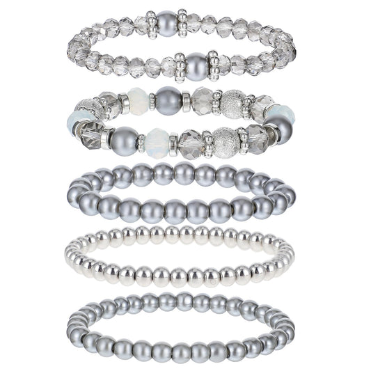 DIVINA VITAE 5 Pcs Beaded Stretch Bracelets Grey Stackable Bracelets Crystal Bead Bracelet Boho Beaded Bracelets Stretch Layering Crystal Stone Beaded Bracelets Trendy Costume Jewelry Gifts for Women