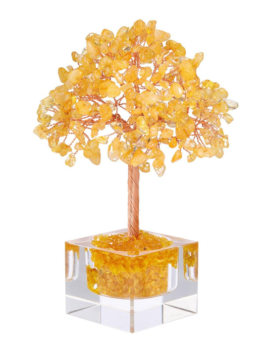 Jovivi Large Crystal Tree with Square Glass Base, Citrine Healing Crystals Tree Life Natural Chipped Gemstone Money Trees Feng Shui Good Luck Positive Energy Yellow Home Desk Decor