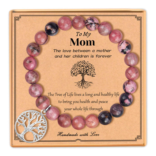 Mother's Day Gifts Tree of Life Charm Bracelet for Mom 8mm Natural Healing Crystals Beads Stretch Bracelet Mom Birthday Gifts