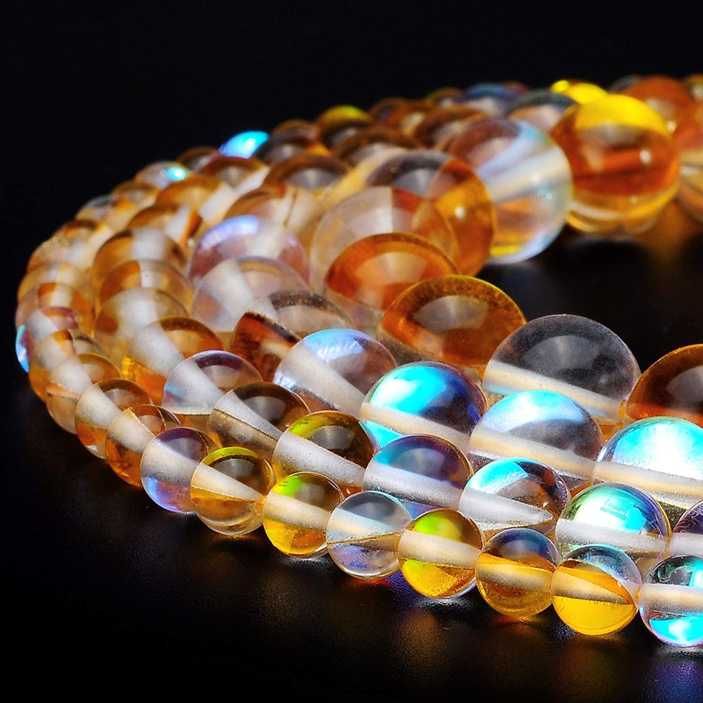 RUBYCA Round Moonstone Crystal Glass Beads Aura Iridescent for Jewelry Making (1 Strand, 10mm, Gold)