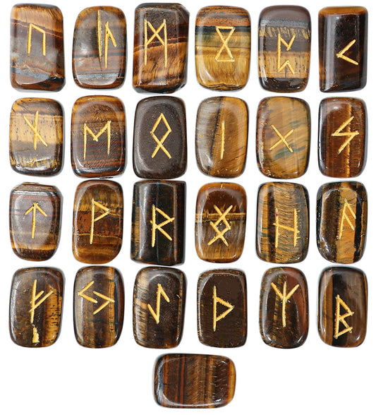 Crocon Tiger Eye Rectangle Shape Gemstone Runes with Elder Futhark Alphabet Engraved 25 pcs Rune Set Crystal Divination Metaphysical Healing Chakra Reiki Runes Set with a Pouch Size : 20-25mm