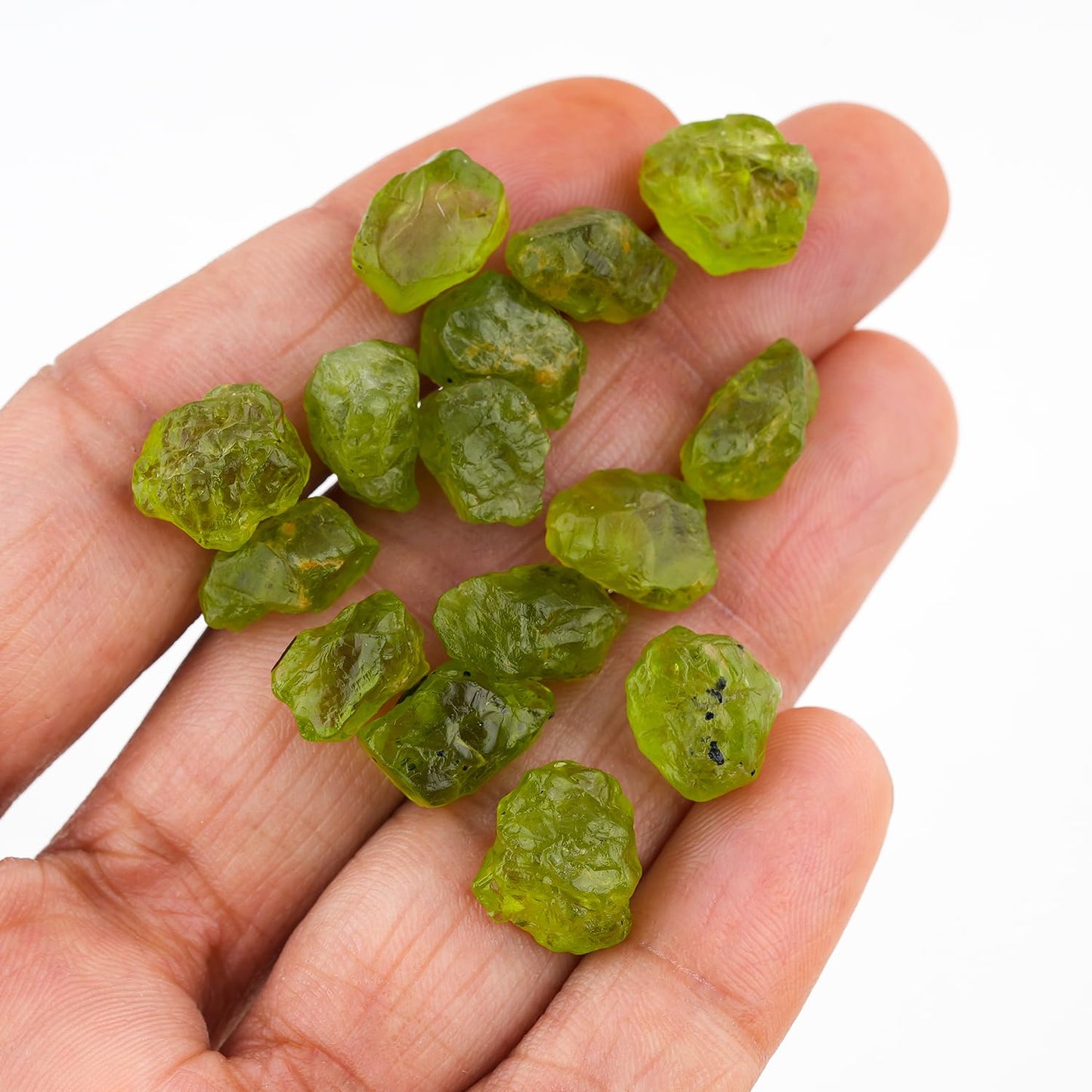 ColouredRocks (15 pcs. PERIDOT Crystals, Raw Stones, Rough Gemstones, Jewelry Making Supply, Cabbing, Polishing, Cutting, DIY, Crafts (7-10 mm.)