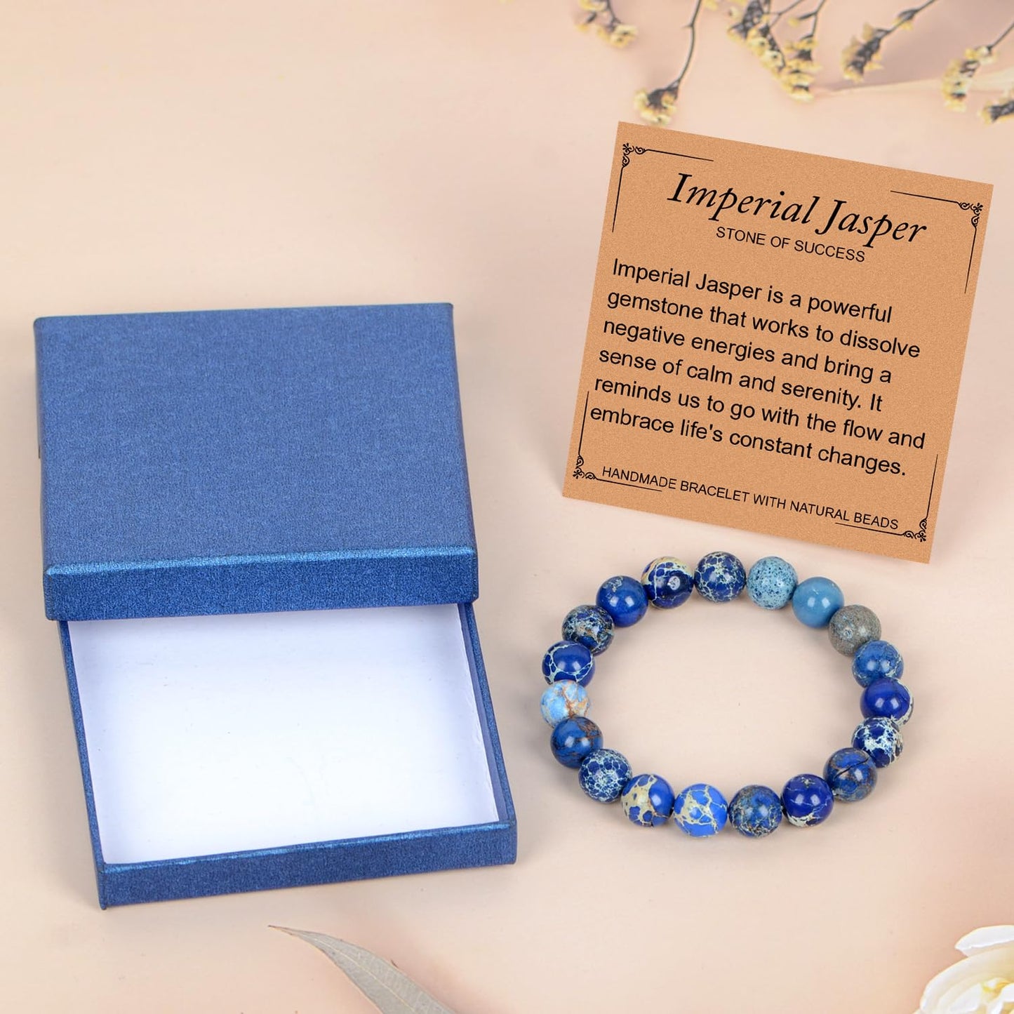 LPBeads Handmade Natural Gemstone Stretch Elastic 10mm Blue Imperial Jasper Bracelet Healing Crystal Round Stone Beads Jewelry Gifts for Women Men