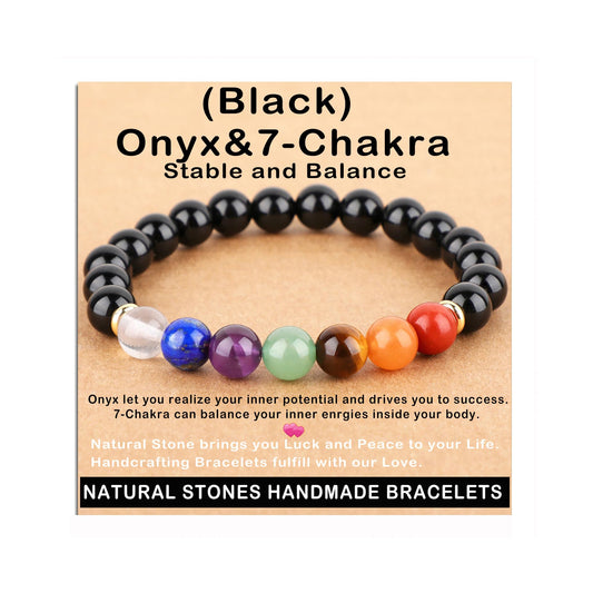 AD Beads Handmade Gemstone Stretch Elastic Bracelet Crystal Healing Reiki Nature's Beauty and Spiritual Essence Unisex (8mm, Onyx & 7-Chakra (Stable and Balance))