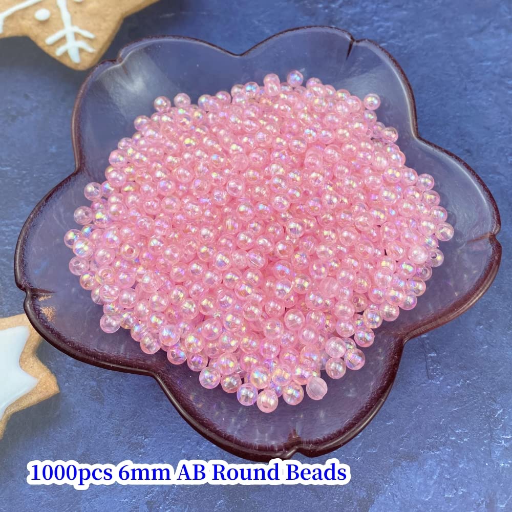 1000 Pcs 6mm Acrylic Round Beads AB Colors Round Spacer Beads for Earring Bracelet Necklace Key Chains Jewelry DIY Craft Making (Pink AB)