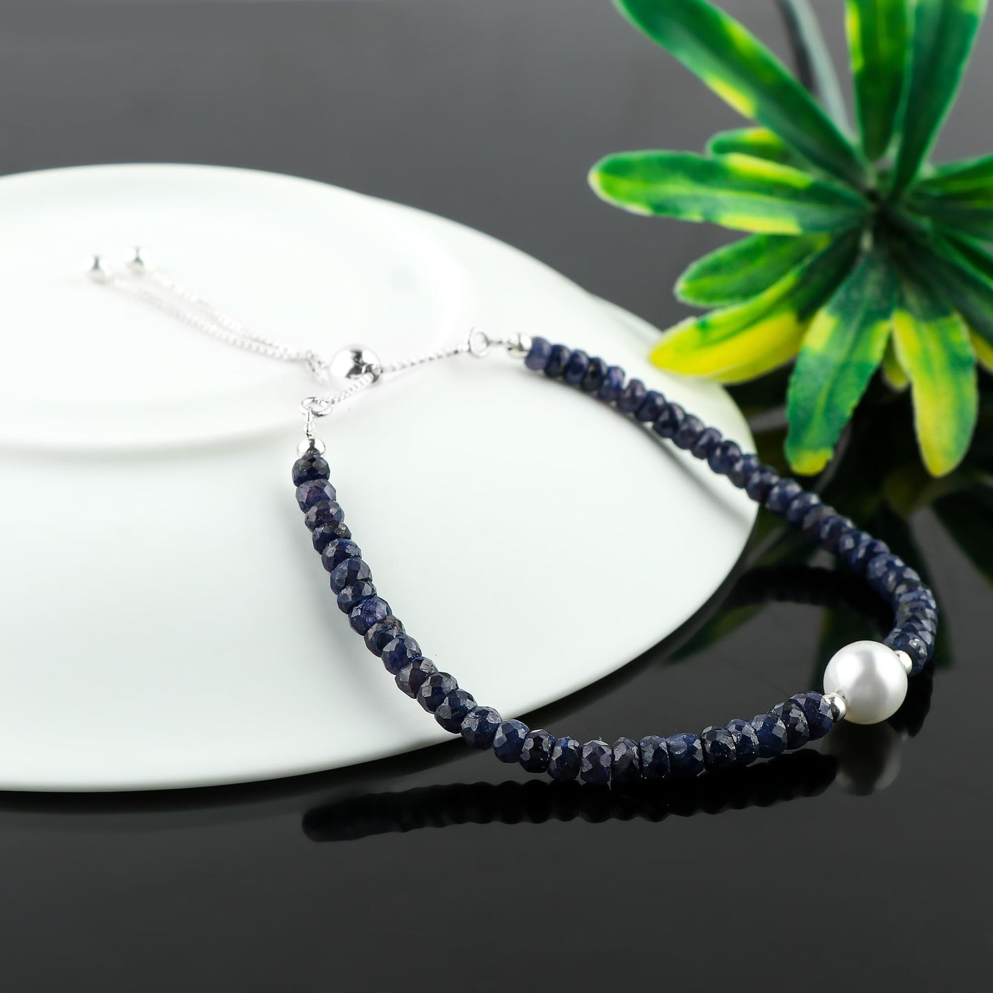CRYSTALINES Genuine Blue Sapphire Color Curundum Gemstones Beads Bolo Bracelet with Pearl, Handmade Bracelet, Healing Crystals, Silver Jewelry, Adjustable Chain, Gift for Women, 10inch