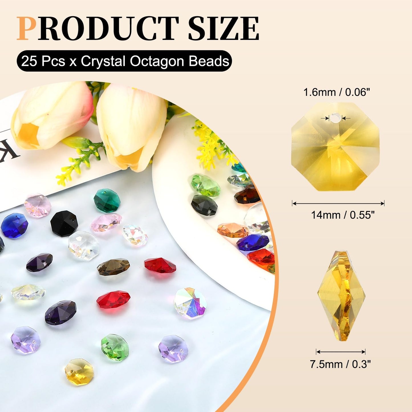 uxcell 25Pcs 1 Hole Crystal Octagon Beads, 14mm K9 Glass Hanging Chandelier Beads Prisms Parts for Crystal Chandeliers Lamp Hanging Pendant Jewelry DIY Craft, Yellow