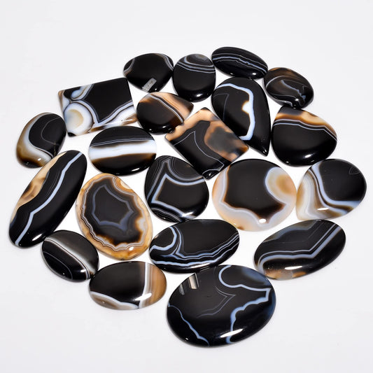 Natural 5, 4 & 3 Pcs Gemstones Cabochons Lot (15–30 MM), Multi Shape Stones for Jewelry Making Supplies Healing Crystals Gems Loose Gemstones (Banded Agate, 3pcs)