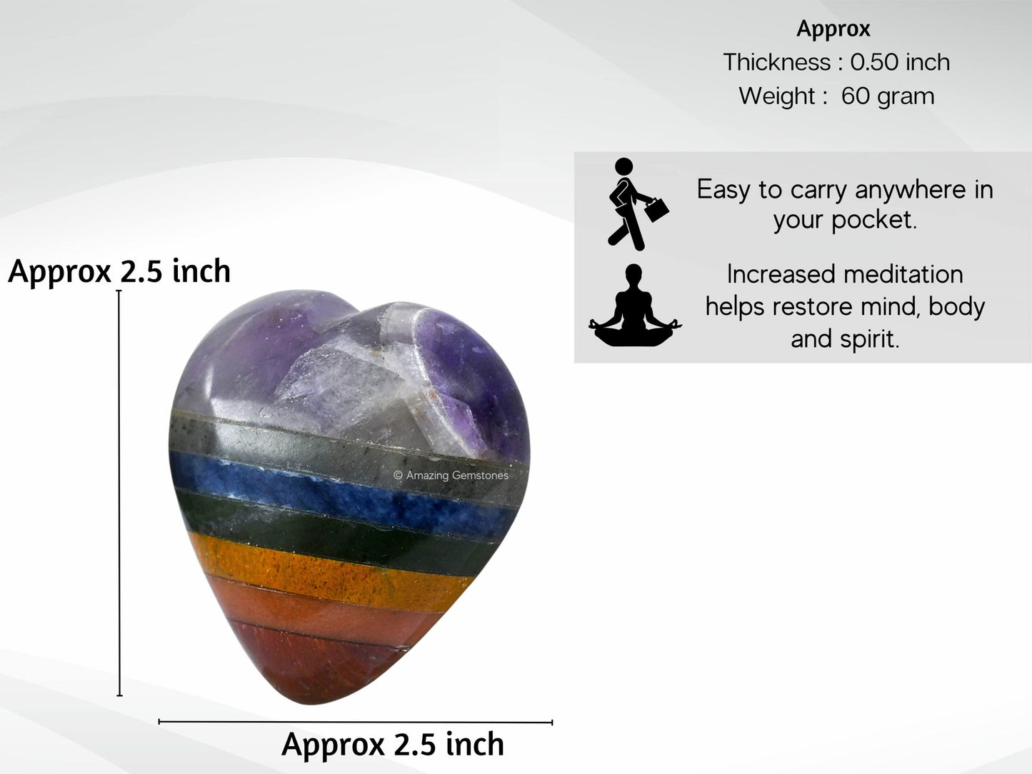 Amazing Gemstone Chakra Crystal Heart Palm Stone - Pocket Massage Worry Stone for Natural Body Chakra Balancing, Reiki Healing and Crystal Grid