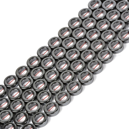 Natural 12mm Hematite Hollow Circle Flat Round Ring Shape Donut Beads Strand 16 Inch for Jewelry Making