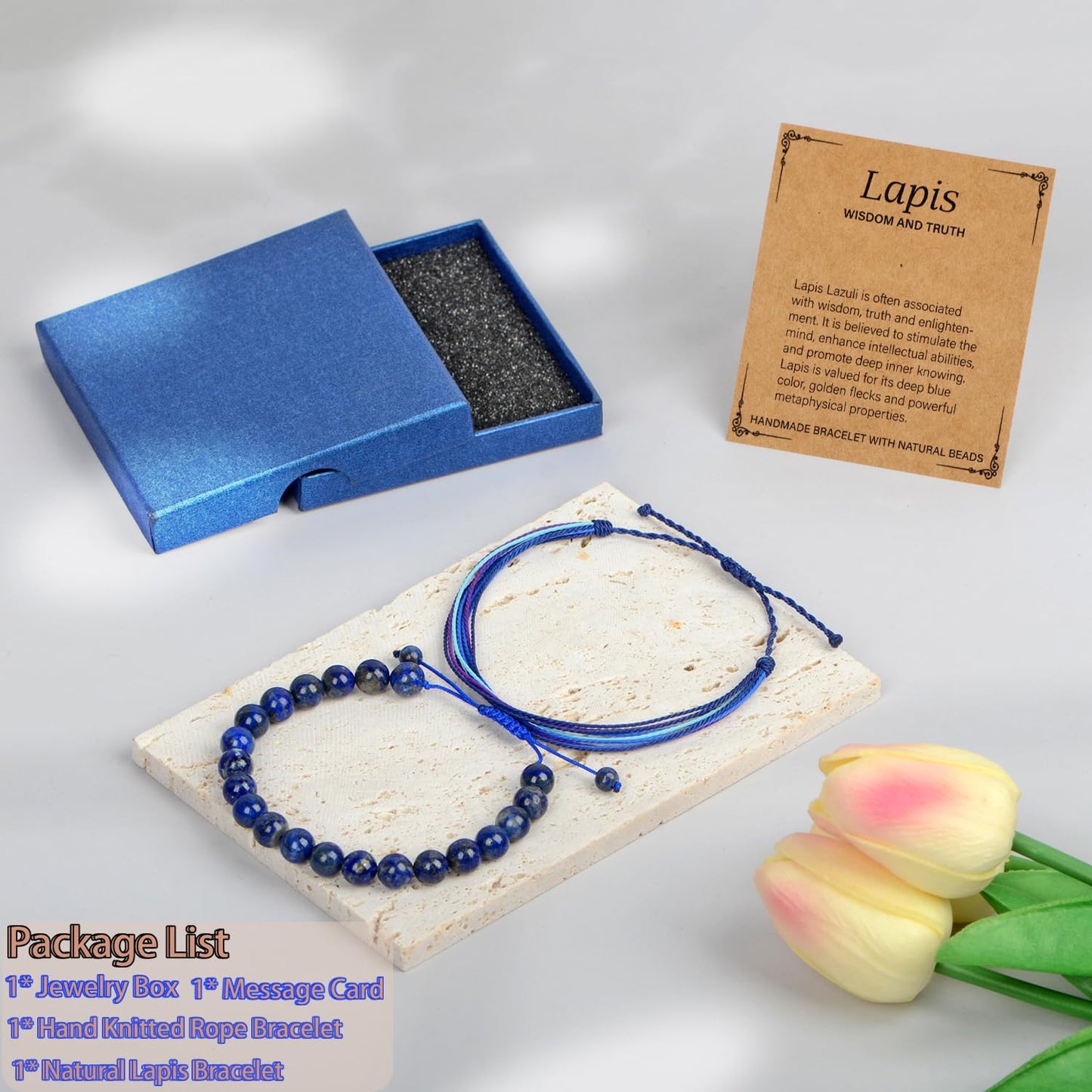 LPBeads 8mm Blue Lapis Bracelet with Handmade Rope Bracelet Size Adjustable Natural Stone Crystal Healing Bracelets Gifts for Unisex Adults