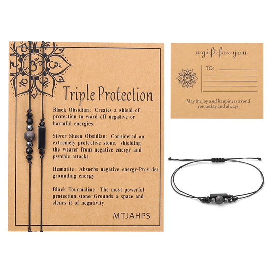 MTJAHPS Protection Bracelet, empath protection, black obsidian Crystals and Healing Stones Bracelet for Women ，Luck ，Anxiety and Stress Clam Bracelet (Triple Protection A)