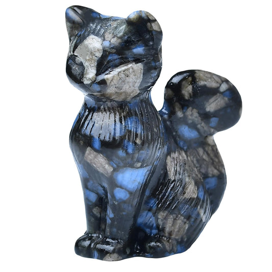 WUYOUSHI Natural Blue Amphibole Crystal Cat Statue 2.4 Inch - Handmade Healing Sculpture, Lucky Guardian Pocket Statue for Reiki Meditation, Office & Home Decoration Gift